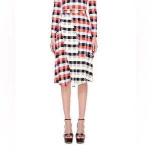 Tanya Taylor Ava Paneled Asymmetrical Plaid Black White Red Blue Midi Skirt 6
